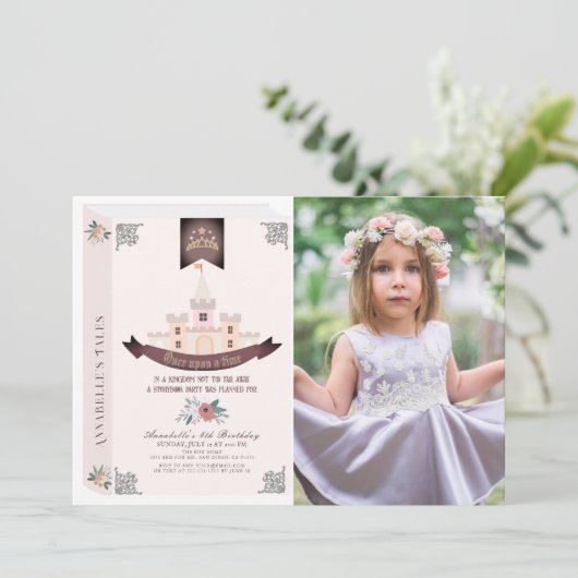 Einmal auf dem Geschichtenbuch Rosa Foto Geburtsta Einladung (Stehend Vorderseite)