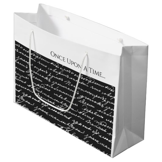 Einmal in der Geschichte Schwarz-weiß handgeschrie Große Geschenktüte (Vorderseite Schrägansicht)
