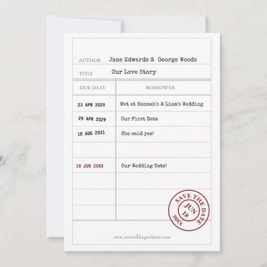 Einmalige Bibliothekskarte Save the Date (Vorderseite)