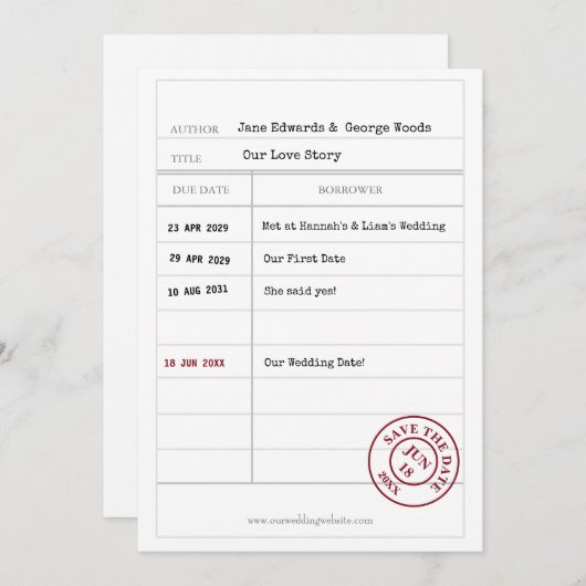 Einmalige Bibliothekskarte Save the Date (Vorne/Hinten)
