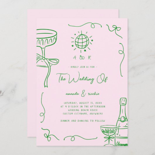 Einmalige Hand-Drawn-Hochzeit für den Whimsical Fr Einladung (Vorne/Hinten)