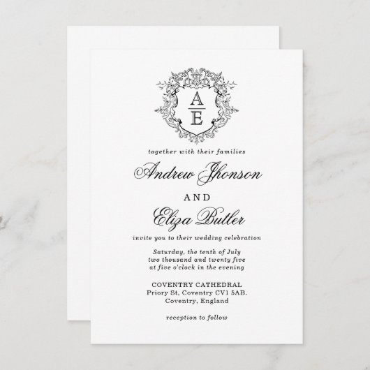 Einmalige Hochzeit des Schwarz-Weiß-Wappen Einladung (Vorne/Hinten)