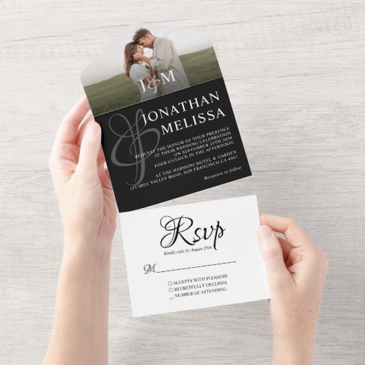 Einmalige Hochzeit in Schwarz-Weiß-Foto All In One Einladung (Abreißen)