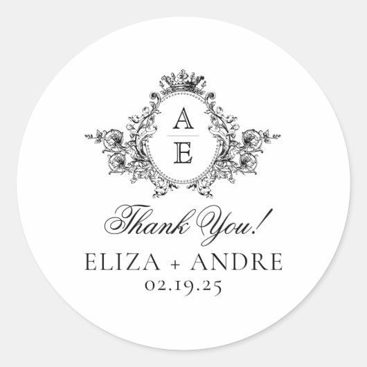 Einmalige Hochzeit mit elegantem, schwarzem und we Runder Aufkleber (Vorderseite)