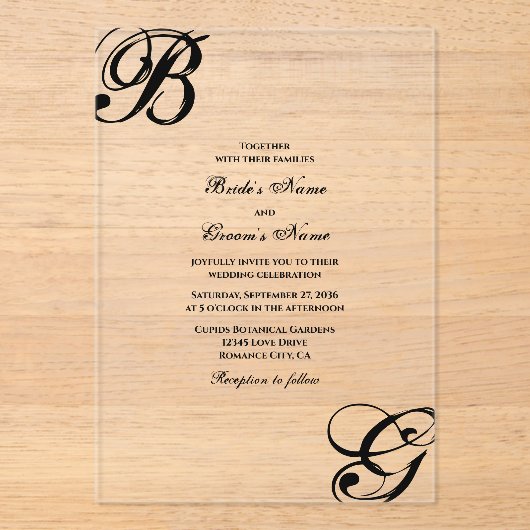 Einmalige Hochzeit mit Schwarzweiß-Script Acryleinladungen (Vorderseite)