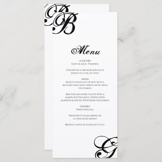 Einmalige Hochzeit mit Schwarzweiß-Script Menükarte (Vorne/Hinten)