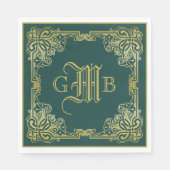 Einmalige Hochzeitsmonogramm Gold Frame Dunkelgrün Serviette (Vorderseite)