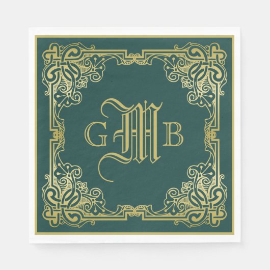 Einmalige Hochzeitsmonogramm Gold Frame Dunkelgrün Serviette (Vorderseite)