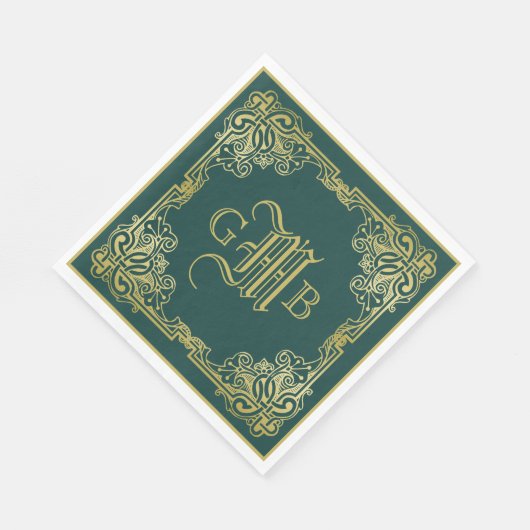 Einmalige Hochzeitsmonogramm Gold Frame Dunkelgrün Serviette (Ecke)