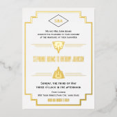 Einmalige Schwarz-, Gold- und White Art Deco-Hochz Folieneinladung (Vorderseite)