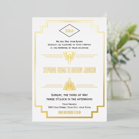 Einmalige Schwarz-, Gold- und White Art Deco-Hochz Folieneinladung (Stehend vorne)