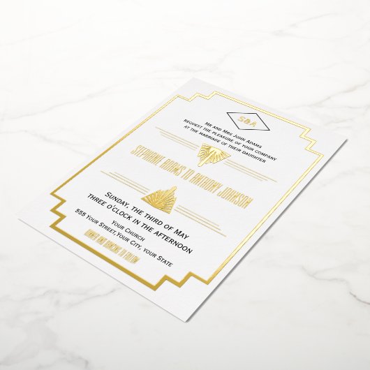 Einmalige Schwarz-, Gold- und White Art Deco-Hochz Folieneinladung (Gedreht)