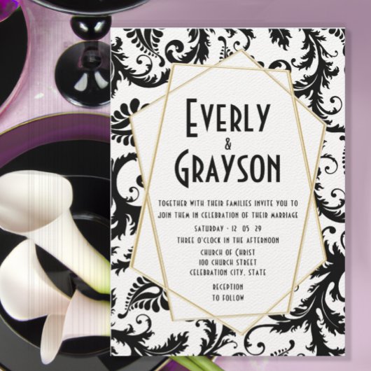 Einmalige Schwarz-Weiß-Damaskus-Hochzeit Einladung