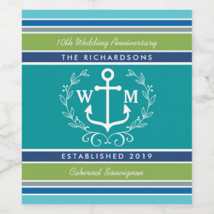 Einmaliger Anchor Laurel Wreath Aqua Stripes Weinetikett