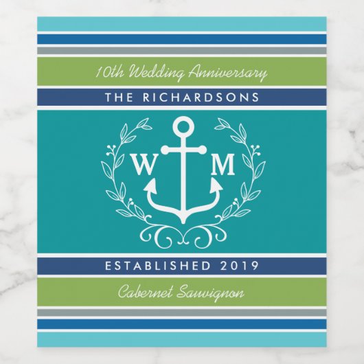 Einmaliger Anchor Laurel Wreath Aqua Stripes Weinetikett (Einzelnes Label)