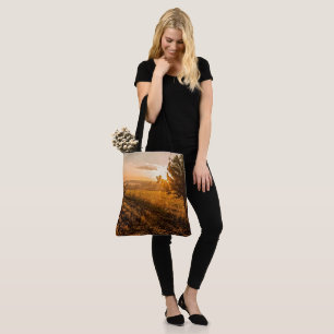 Einmaliger Baum auf dem nebeligen Feld im goldenen Tasche