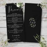 Einmaliges Hochzeitsessen in Schwarz-Weiß-Grün Menükarte<br><div class="desc">Dieses elegante botanische Blätter aus schwarz-weißem Blütengrün  Hochzeitsmenü und kann mit Ihren Informationen in schicker Typografie mit Ihren Monogramm-Initialen auf der Rückseite personalisiert werden. Entwickelt von Thisisnotme©</div>