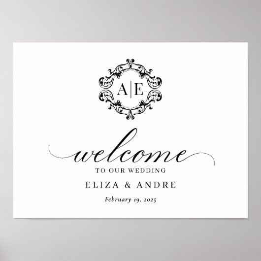 Einmaliges Schwarz-Weiß-Wappen-Monogramm-Hochzeit Poster (Vorne)