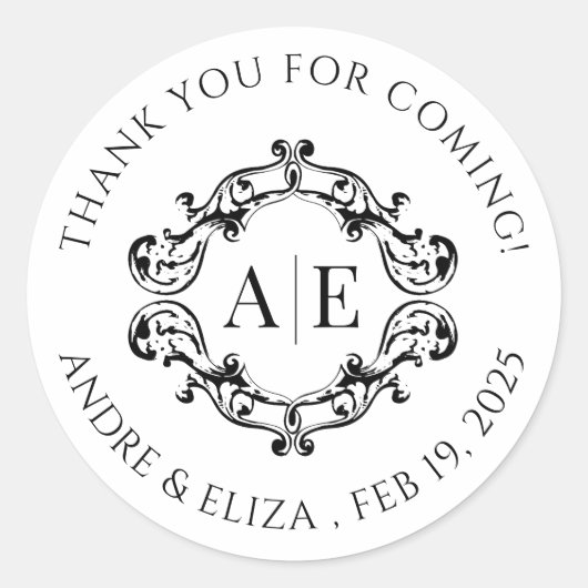 Einmaliges Schwarz-Weiß-Wappen-Monogramm-Hochzeit Runder Aufkleber (Vorderseite)