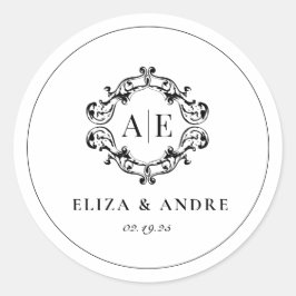 Einmaliges Schwarz-Weiß-Wappen-Monogramm-Hochzeit Runder Aufkleber