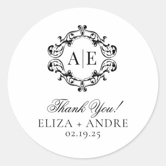 Einmaliges Schwarz-Weiß-Wappen-Monogramm-Hochzeit Runder Aufkleber (Vorderseite)