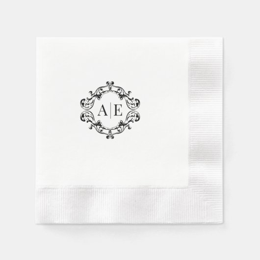 Einmaliges Schwarz-Weiß-Wappen-Monogramm-Hochzeit Serviette (Vorderseite)