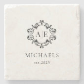 Einmaliges Schwarz-Weiß-Wappen-Monogramm-Hochzeit Steinuntersetzer (Vorderseite)