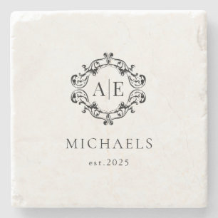 Einmaliges Schwarz-Weiß-Wappen-Monogramm-Hochzeit Steinuntersetzer