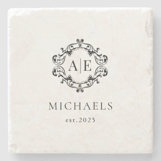 Einmaliges Schwarz-Weiß-Wappen-Monogramm-Hochzeit Steinuntersetzer (Vorderseite)