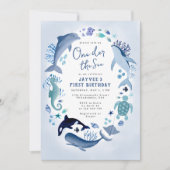 Eins der Meerestiere zum ersten Geburtstag Einladung (Vorderseite)