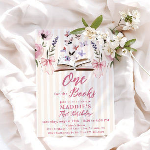Eins für die Bücher Pink Storybook Girl 1. Geburts Einladung