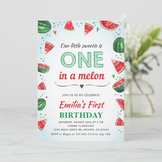 Eins in der Melon Watermelon Summer Birthday Party Einladung (Stehend Vorderseite)