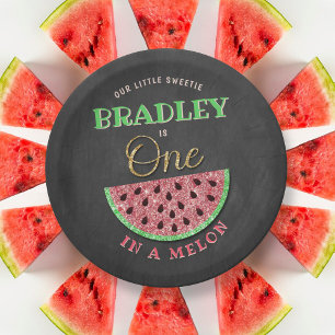 Eins in einem Melon Chalkboard 1. Geburtstag Pappteller