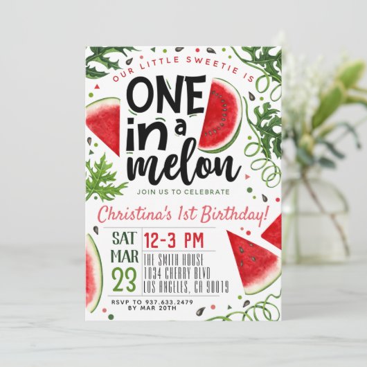 Eins in einem Melon Geburtstag Einladung (Stehend Vorderseite)