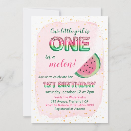 Eins in einem Melon Girly Einladung zum 1. Geburts (Vorderseite)