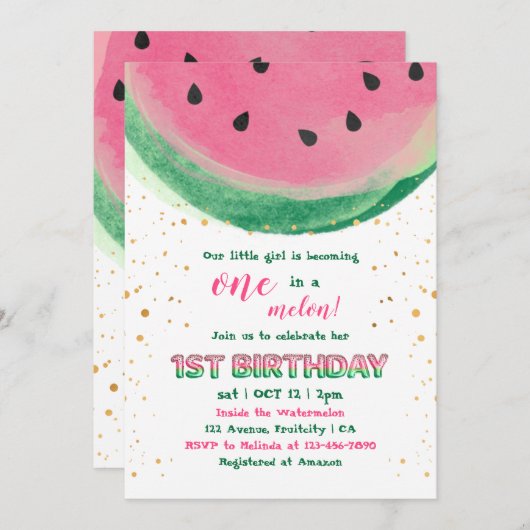 Eins in einem Melon Girly Einladung zum 1. Geburts (Vorne/Hinten)