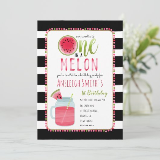 Eins in einem Melon Mason Jar Drink ersten Geburts Einladung (Stehend Vorderseite)