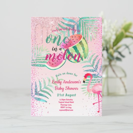 Eins in einem Melon Tropical Flamingo Watermelon P Einladung (Stehend Vorderseite)