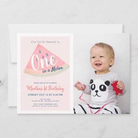 Eins in einem Melon Watermelon Pink Foto 1. Geburt Einladung (Vorderseite)