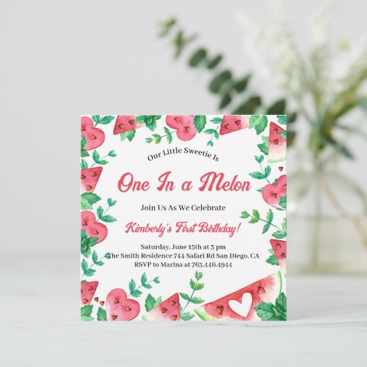 Eins in einem Melon Watermelon Sommer 1. Geburtsta Einladung (Stehend Vorderseite)