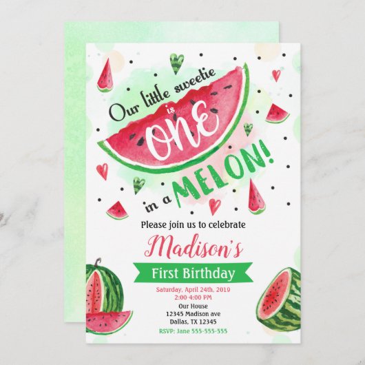 Eins in einer Melon-Einladung, Watermelon 1. Gebur Einladung (Vorne/Hinten)