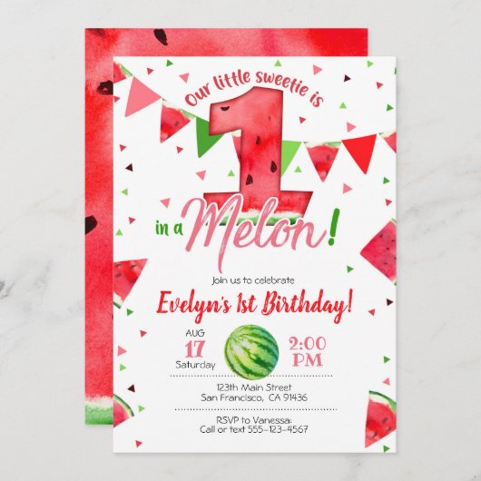 Eins in einer Melon-Einladung, Watermelon 1. Gebur Einladung (Vorne/Hinten)