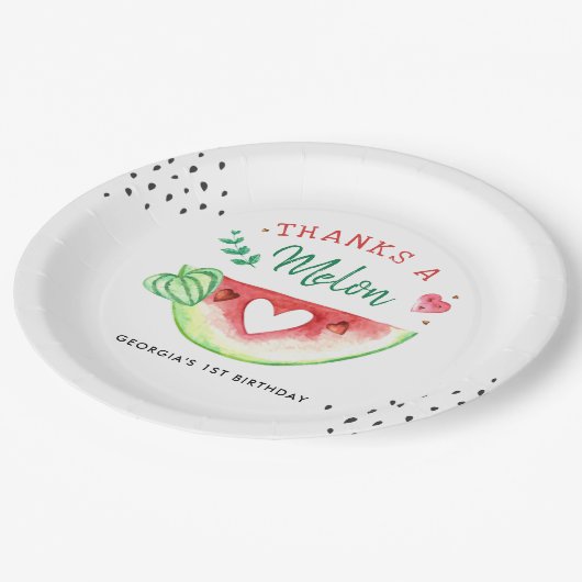 eins in einer Melone | Watermelon Birthday Pappteller (Schrägansicht)