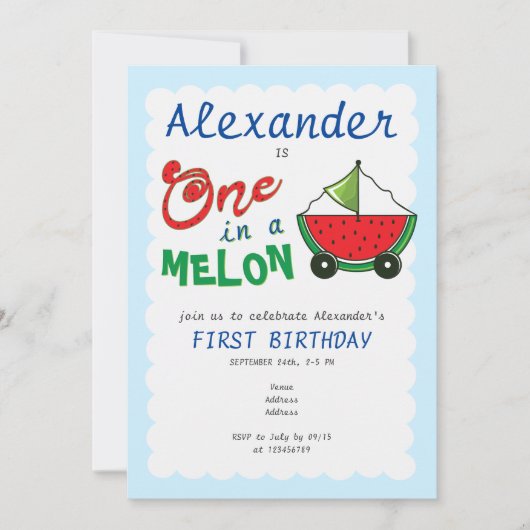 Eins in Melon Blue Niedlich Boat Pull Toy 1. Gebur Einladung (Vorderseite)