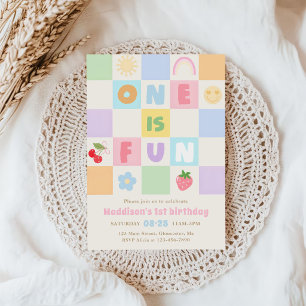 Eins ist Spaß Bunte Gingham Mädchen 1. Geburtstag Einladung