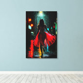Einsame Anmut in Rot - Frau im Regen Leinwanddruck (Insitu (Holzboden))