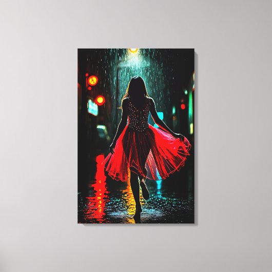 Einsame Anmut in Rot - Frau im Regen Leinwanddruck (Vorderseite)