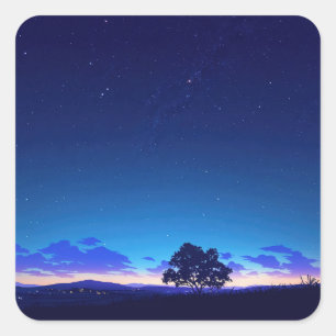 Einsame Baum-Silhouette unter dem sternenklaren Na Quadratischer Aufkleber