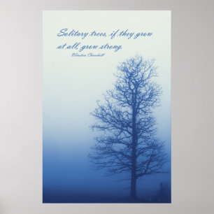 Einsame Bäume wachsen stark - Silhouette im Nebe Poster