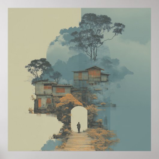 Einsame Figur Surreal schwebende Barackenstadt Poster (Vorne)